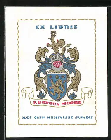 Exlibris F. Dryden Moore, Wappen mit Löwe und Ritterhelm