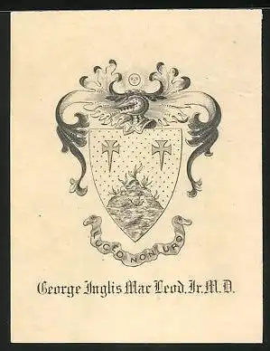 Exlibris George Anglis Mac Leod. Dr. M.D., Wappen mit Hügel und Ritterhelm