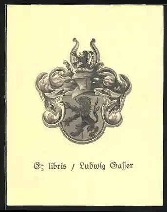Exlibris Ludwig Gasser, Wappen mit Löwe und Ritterhelm