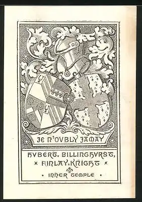 Exlibris Hubert Billinghurst, Wappen mit Ritterhelm und Ornamenten