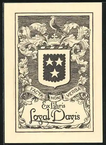 Exlibris Loyal Davis, Wappen mit Krone und Vogel, Ornamente