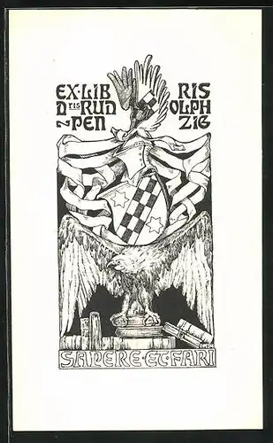 Exlibris Rudolph Penzig, Adler mit Wappen und Ritterhelm