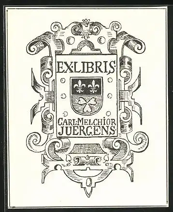 Exlibris Carl-Melchior Juergens, Wappen mit Ornamenten verziert