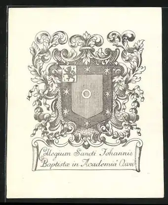 Exlibris Collegium Sancti Johannis Baptiste in Academis Oxon, Wappen mit Ornamenten