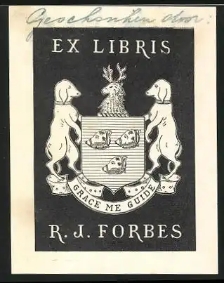 Exlibris R. J. Forbes, Lämmer flankieren Wappen mit Hirsch