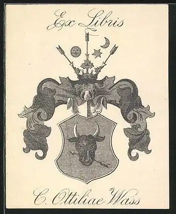 Exlibris Ottiliae Wass, Wappen mit Stierkopf und Ritterhelm