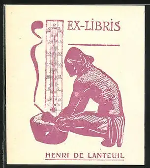 Exlibris Henri De Lanteuil, Mann neben Thermometer hockend
