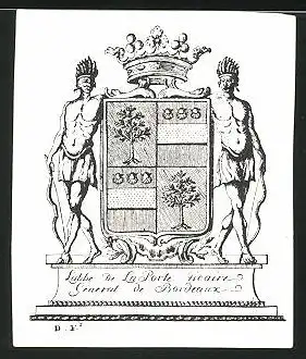 Exlibris Labb de la Porte Sicaire General de Bordeaux, Eingeborene flankieren Wappen