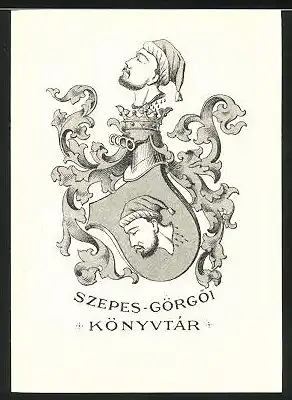 Exlibris Szepes-Görgoi Könyvtar, Wappen mit abgetrennten Kopf & Ritterhelm