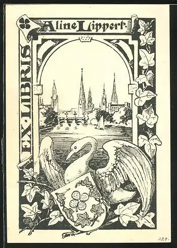 Exlibris Aline Lippert, Schwan mit Wappen vor Stadtansicht