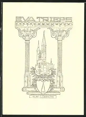 Exlibris von Elisabeth Voges für Eva Trieps, Kathedrale und Wappen