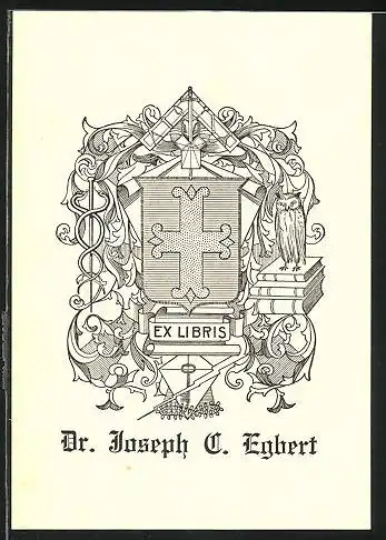 Exlibris Dr. Joseph Egbert, Wappen mit Eule und Kreuz