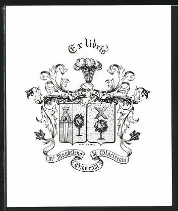 Exlibris von Mercedes de Olaneta für Magdalena Osamendi de Osaciregui, Wappen mit Ritterhelm