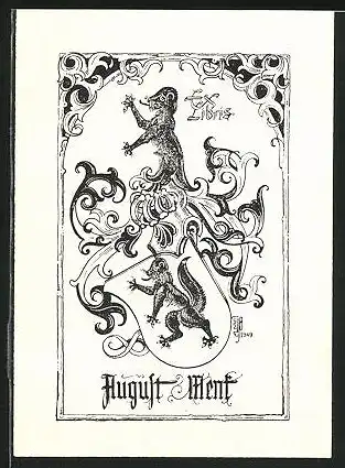 Exlibris von Ernst Peter Bleuler für August Menk, Wappen mit Eichhörnchen und Ritterhelm