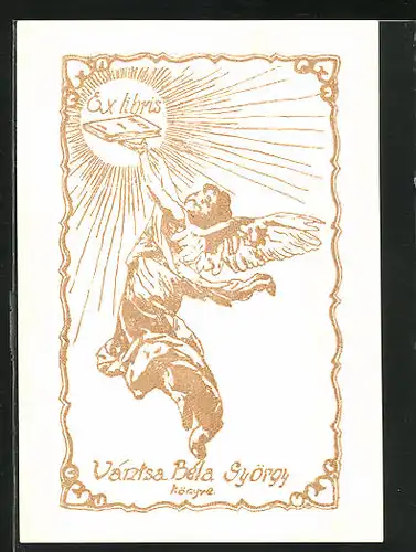 Exlibris von Bakoczy für Vantsa Bela György, Engel hebt Buch empor