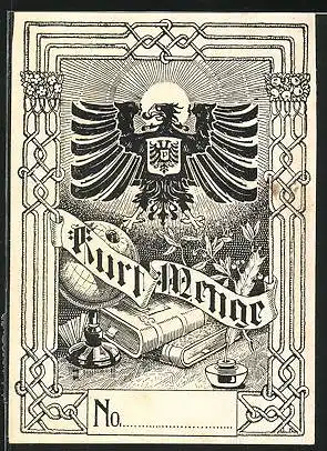 Exlibris Kurt Menge, Wappen-Adler über Globus und Büchern