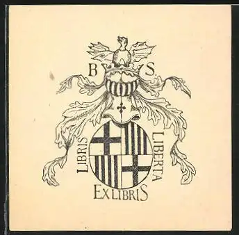 Exlibris Initialen B. S., Wappen mit Ritterhelm