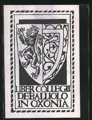 Exlibris Liber Collegii Deballiolo In Oxonia, Wappen mit Löwe