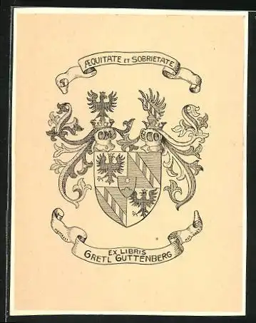Exlibris Gretl Guttenberg, Wappen mit Ritterhelmen & Ornamenten