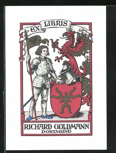 Exlibris Richard Goldmann, Dortmund, Ritter nebst Wappen mit Greif
