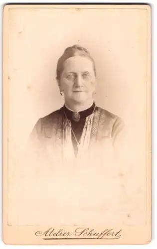 Fotografie E. Schuffert, Borna, Portrait bürgerliche Dame mit Hochsteckfrisur und Kragenbrosche