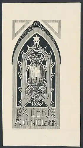 Exlibris Aug. Nielsen, Wappen mit Ornamenten und Jahreszahl 1898