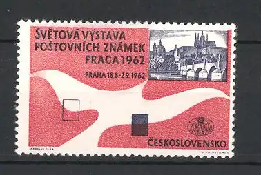 Reklamemarke Praga, Svetová Výstava Postovnich Známek 1962, Stadtansicht und Taube als Messelogo