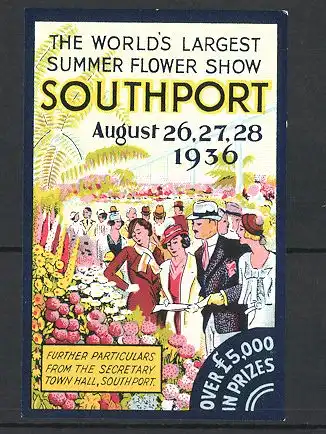 Reklamemarke Southport, Summer Flower Show 1936, Besucher vor einem Blumenbeet