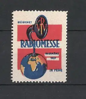 Reklamemarke Prag, Radiomesse 1927, Erdkugel mit Lautsprecher und Messelogo