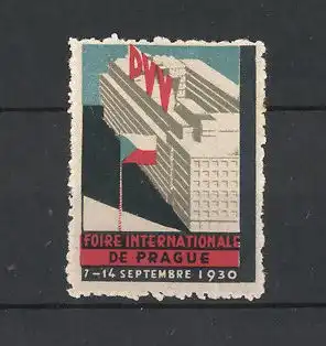 Reklamemarke Prague, Foire Internationale 1930, Messelogo mit Gebäude
