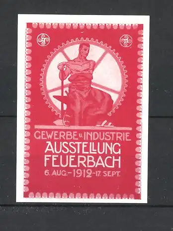 Reklamemarke Feuerbach, Gewerbe-Industrie-Ausstellung 1912, Mann am Amboss