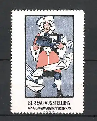 Künstler-Reklamemarke Prag, Bureau-Ausstellung der Handels- und Gewerbekammer, Mann verliert Briefe