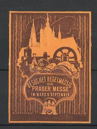 Reklamemarke Prag, Messe in März und September, Stoff- und Glaswaren vor der Kirchensilhouette