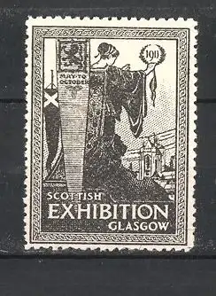 Reklamemarke Glasgow, Scottish Exhibition 1911, Göttin mit Ehrenkranz predigt am Stadtrand