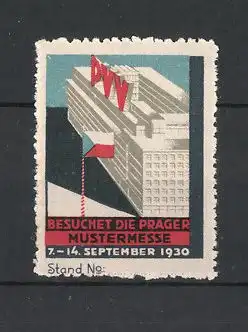Reklamemarke Prag, Mustermesse 1930, Messelogo und Gebäudeansicht