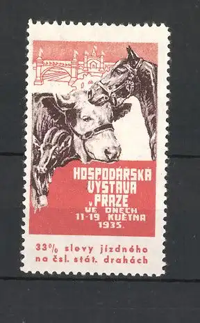 Reklamemarke Praze, Hospodarska Výstava 1935, Ziege, Pferd und Rind