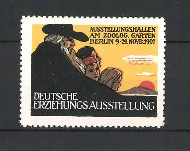 Reklamemarke Berlin, Deutsche Erziehungs-Ausstellung 1907, betagter Mann & Kinder
