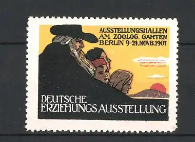 Reklamemarke Berlin, Deutsche Erziehungs-Ausstellung 1907, betagter Mann und Kinder