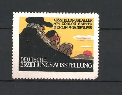 Reklamemarke Berlin, Deutsche Erziehungs-Ausstellung 1907, betagter Mann & Kinder bei Dämmerung