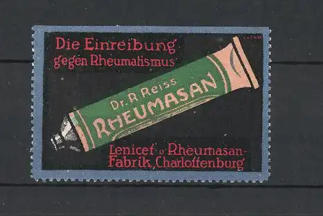 Reklamemarke Berlin-Charlottenburg, Dr. R. Reiss Rheumasan Salbe, Lenicef & Rheumasan-Fabrik