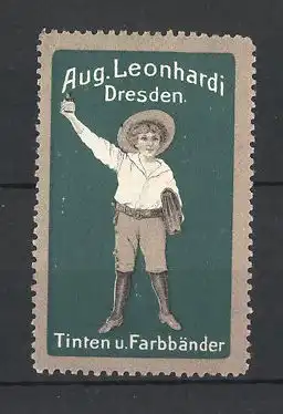 Reklamemarke Dresden, Tinten und Farbbänder Aug. Leonhardi, Schulknabe mit Tintenfass, grün