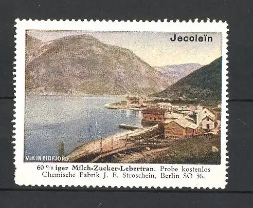 Reklamemarke Berlin, Jecolein Milch-Zucker-Lebertran, Fabrik Stroschein, Vik in Eidfjord