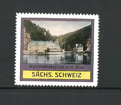 Reklamemarke Herrnskretschen / Elbe, Ortsansicht mit Hotel