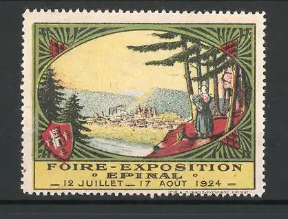 Reklamemarke Epinal, Foire - Exposition 1924, Panorama der Stadt