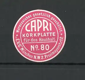 Reklamemarke München, Capri Korkplatte, EVG München Prielmayerstr. 12