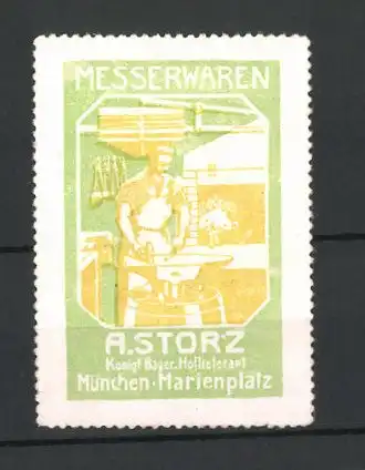 Reklamemarke Messerwaren A. Storz, Marienplatz, München, Schmied am Amboss