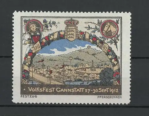 Reklamemarke Cannstatt, Volksfest 1912, Festplatz und Stadtwappen