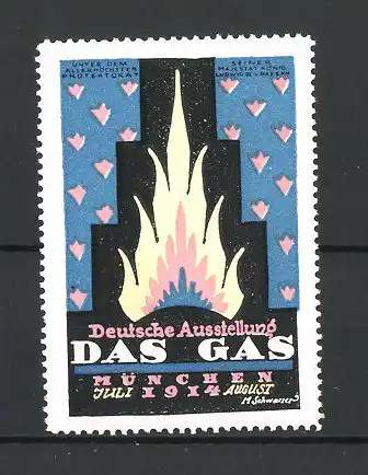 Künstler-Reklamemarke M. Schwarzer, München, Deutsche Ausstellung Das Gas 1914, lodernde Flamme, blau