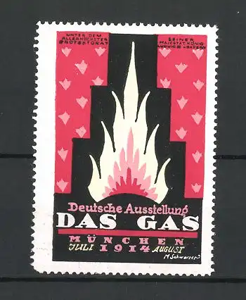 Künstler-Reklamemarke M. Schwarzer, München, Deutsche Ausstellung Das Gas 1914, lodernde Flamme, rot