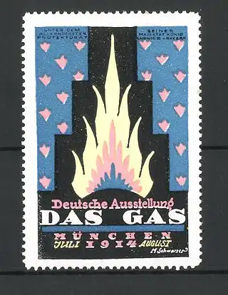 Künstler-Reklamemarke M. Schwarzer, München, Deutsche Ausstellung Das Gas 1914, lodernde Flamme, blau